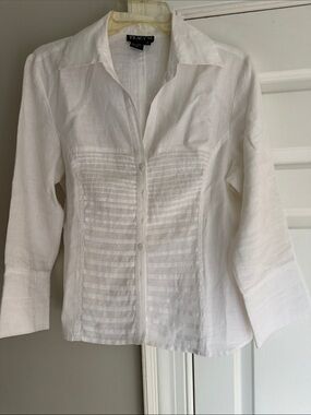 Tracy M White Linen Pintuck Button-Down Shirt
